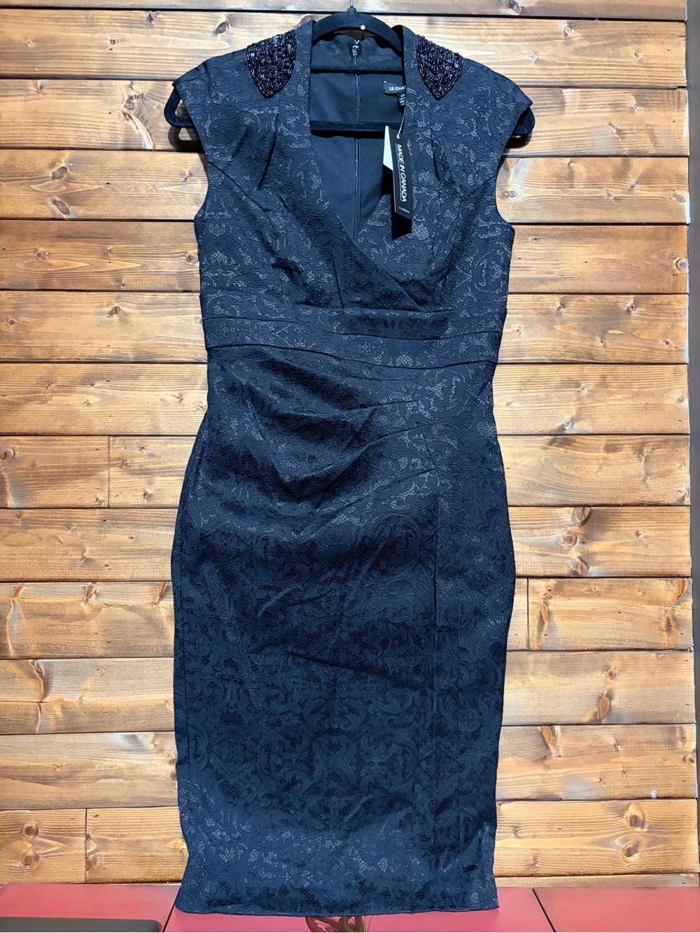 le château Black Lace Jacquard Sheath Dress with Beaded Shoulder Detail